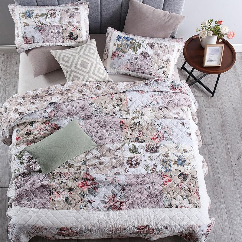 camandy Cotton Bedspread Quilt Bedding Sets 3 Pieces Reversible Coverlet Sets Comforters Vintage Floral Patchwork White Bedspread, Queen Size - Image 3