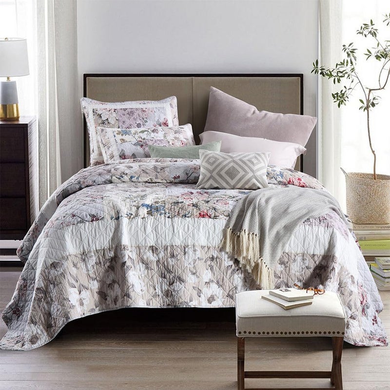 camandy Cotton Bedspread Quilt Bedding Sets 3 Pieces Reversible Coverlet Sets Comforters Vintage Floral Patchwork White Bedspread, Queen Size - Image 1