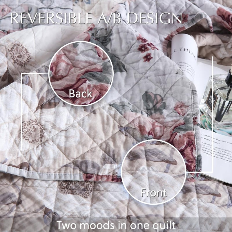 camandy Cotton Bedspread Quilt Bedding Sets 3 Pieces Reversible Coverlet Sets Comforters Vintage Floral Patchwork White Bedspread, Queen Size - Image 5