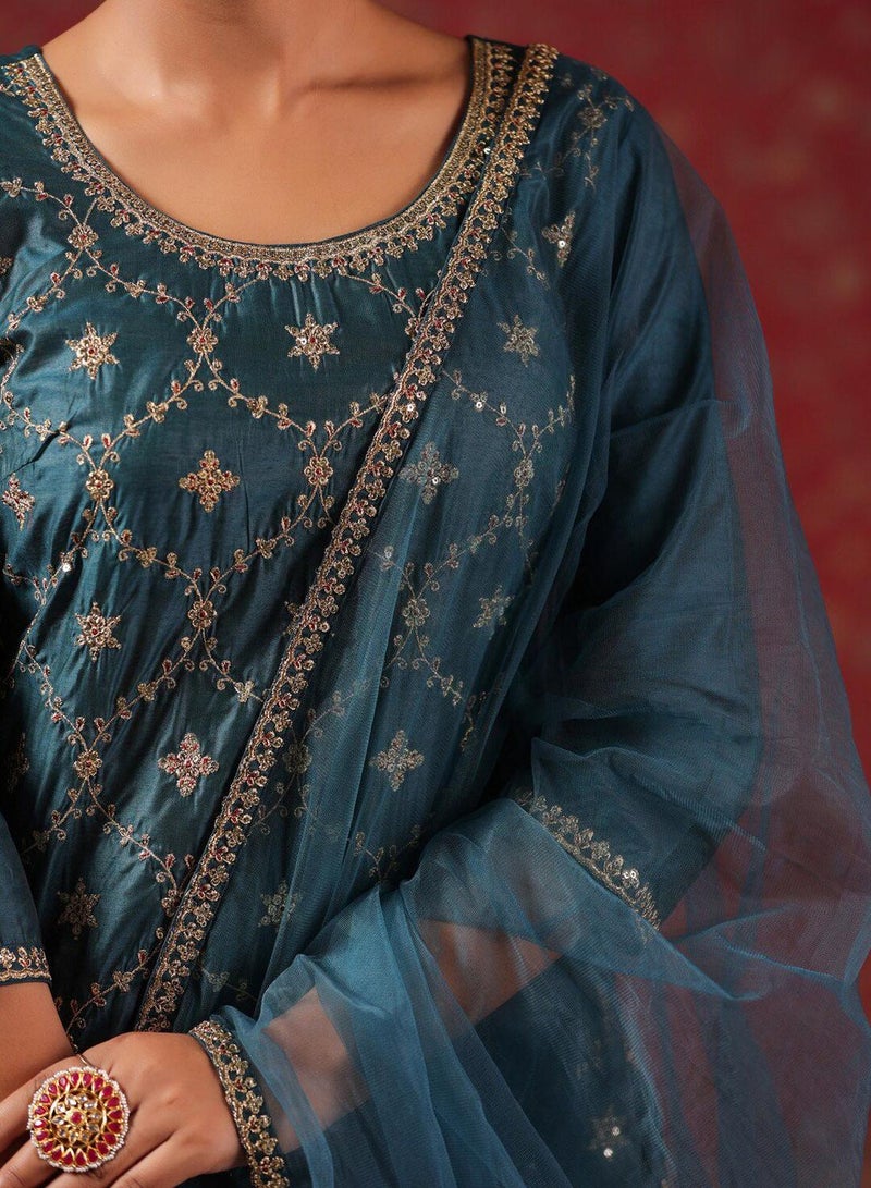 ISHIN Women'S Teal Polyester Blend Self Design Full Length Palazzo Kurta Set - Image 2