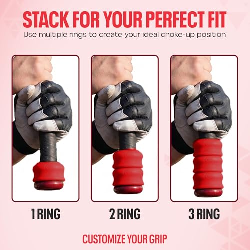 Grip-N-Rip Knob Stacker Choke-Up Ring for Baseball/Softball Bats Provides Choking Up Space & Relief from Bat Sting, Stackable for Custom Fit and Comfort (Red) - Image 4