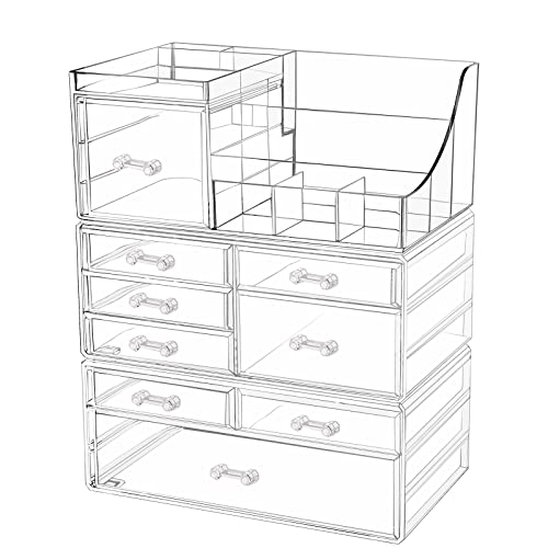 Cq acrylic 3 Pack Clear Make up Organizer Countertop,Stackable 9 Drawers Makeup Storage,Cute Vanity Organizers for dresser Hair Clip,Jewelry,Beauty Product Desk and Bathroom Organizers and Storage - Image 1