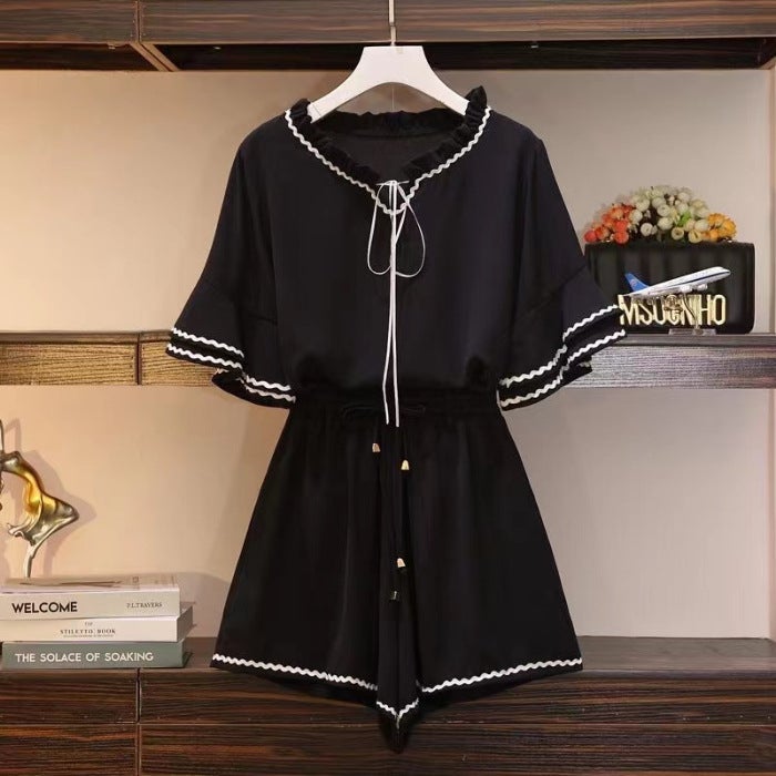 2024 Summer Korean Loose Ruffle Sleeve Top  High-Waist Shorts Set Women Black - Image 1