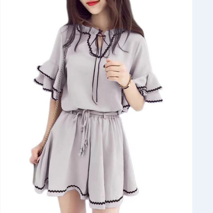 2024 Summer Korean Loose Ruffle Sleeve Top  High-Waist Shorts Set Women Black - Image 3