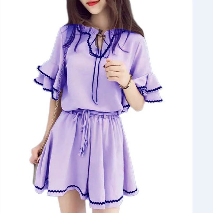 2024 Summer Korean Loose Ruffle Sleeve Top  High-Waist Shorts Set Women Black - Image 2