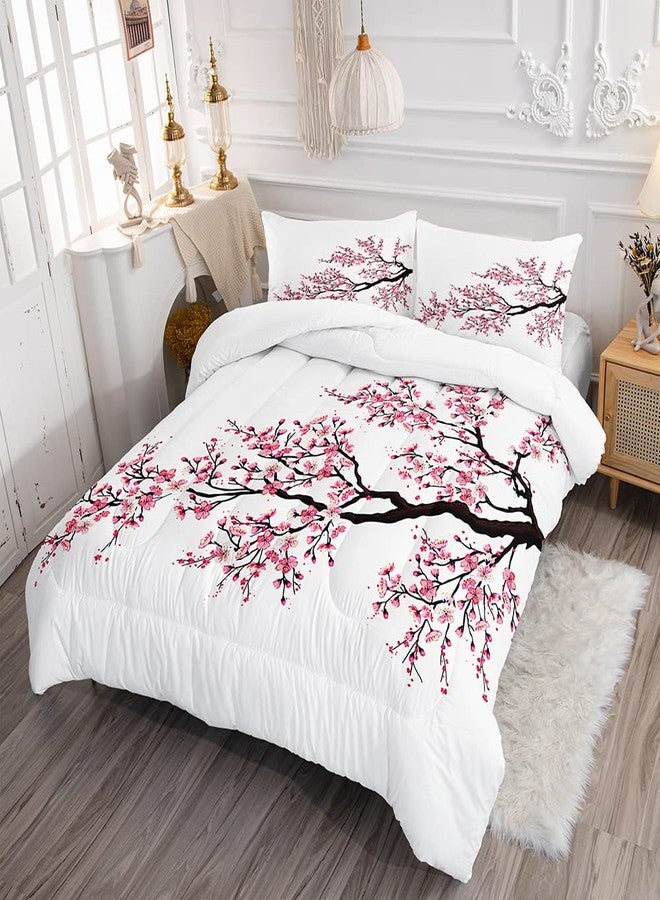 Suncloris Romantic Asian Cherry Blossom Sakura Flower Branches Comforter Set for Girls Kids Teens, Queen Size Eastern Red Petal Floral Art Quilted Duvet with 2 Nature Plant Pillowcases-90 x 90" (Red, Queen) - Image 2