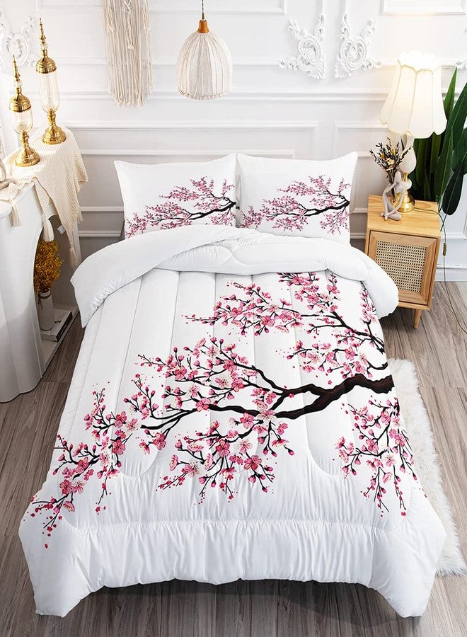Suncloris Romantic Asian Cherry Blossom Sakura Flower Branches Comforter Set for Girls Kids Teens, Queen Size Eastern Red Petal Floral Art Quilted Duvet with 2 Nature Plant Pillowcases-90 x 90" (Red, Queen) - Image 1