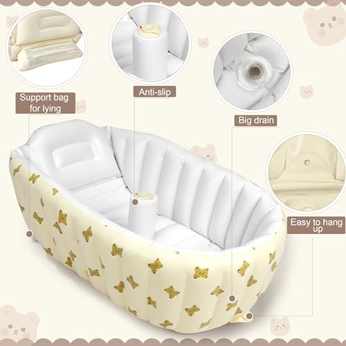 Mink Newborn to Toddler Bath Tub,Inflatable Baby Bathtub with Built-in Air Pump,Portable Travel Shower Basin with Back Support, Deflates and Folds Easily (Bear tub) - Image 2