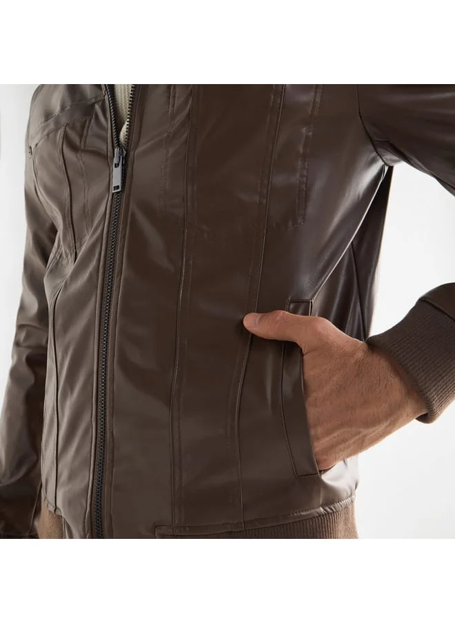 FAV Solid Biker Jacket with Zip Closure and Pockets