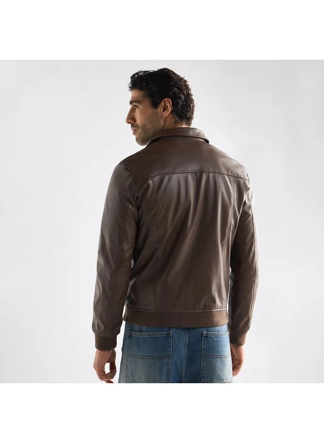 FAV Solid Biker Jacket with Zip Closure and Pockets