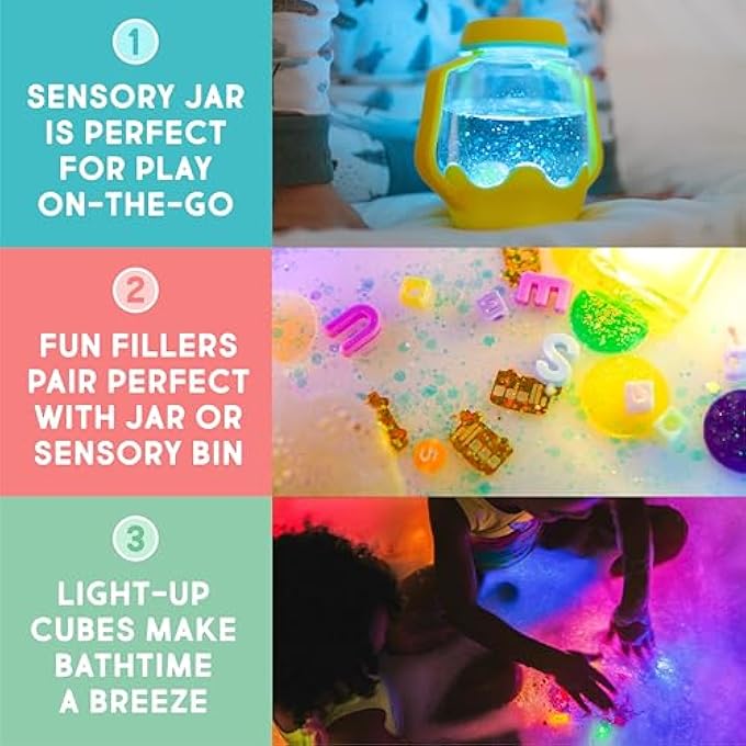 Glo Pals Play Pack Bundle with Sensory Play Jar, Water-Activated Light-Up Cubes, and Fun Fillers - Sensory Toys for Toddlers - Sensory Toy Kit with Light Up Cubes for Bathtub - Easy as ABC - Image 2