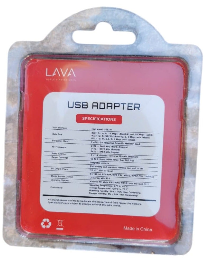 Lava USB 2.0 Wireless Adapter UP TO 150 MBPS PLUG AND PLAY COMPATIBLE WITH WINDOWS OR MAC OS WIFI 4