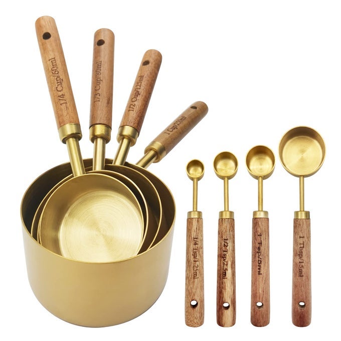 GOLD MEASURING CUPS AND SPOONS SET WITH FRAGRANT WOOD HANDLE MEASURING CUPS METAL MEASURING SPOONS AND MEASURING CUP SET FOR COOKING BAKING SET OF 8 PCS