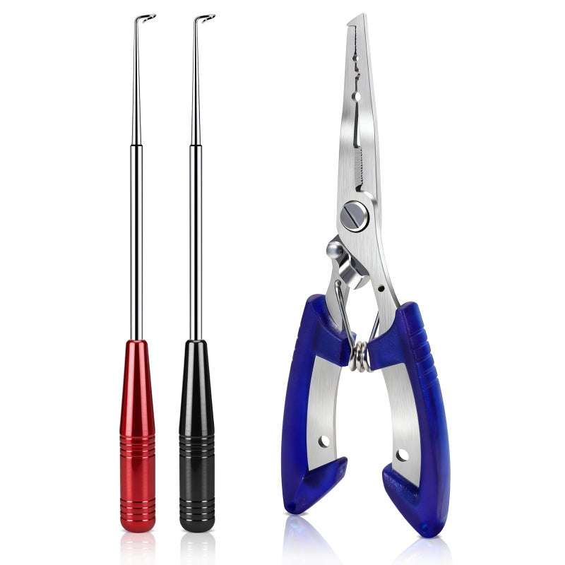 DRMBIGA Fishing Pliers & Fish Hook Remover Tool Kit - 2 Stainless Steel Hook Removers with 1 Split Ring Pliers, Non-Slip Handle for Bass Trout Catfish, Saltwater Freshwater Family Fishing Gear - Image 1