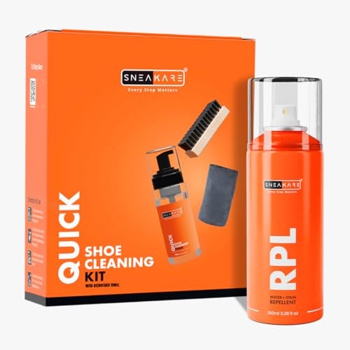 SNEAKARE Quick Kit With Towel - Contains 1 x 150ml Foam Shoe Cleaner, Medium Bristle Brush, Microfiber Towel & RPL Aerosol Spray (100ml) for Sneakers, White Shoes, Leather, Suede, Nubuck, Canvas - Image 1