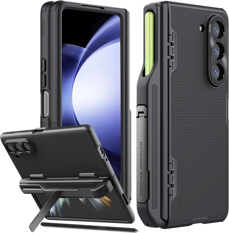 KASTWAVE For Samsung Galaxy Z Fold 5 Case With New Slim S Pen Holder & Metal Camera Cover,Hinge Protection With Hidden Kickstand Phone Case For Samsung Galaxy Z Fold 5, 2023, Black - Image 1