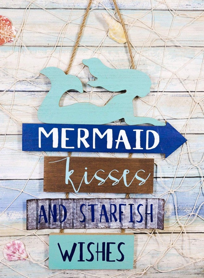 Ebros Gift Ebros Vintage Nautical Surfing Teal Mermaid Wall Decor Sign Mermaid Kisses And Starfish Wishes Decorative Plaque 13"Tall Fantasy Coastal Beach Marine Nursery Kids Bedroom Kitchen Walls Door Signs - Image 1