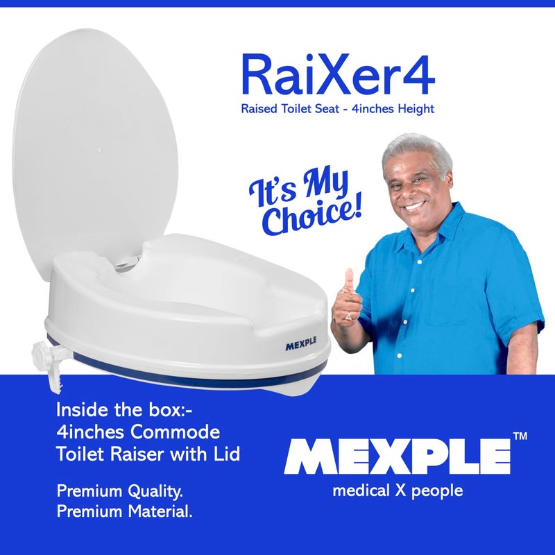 MEXPLE مقعد مرحاض مرتفع RaiXer4 بارتفاع 4 بوصات | رافع مقعد مرحاض بلاستيكي | تركيب بدون أدوات | لذوي الاحتياجات الخاصة، مرضى الركبة، كبار السن، أبيض - Image 2