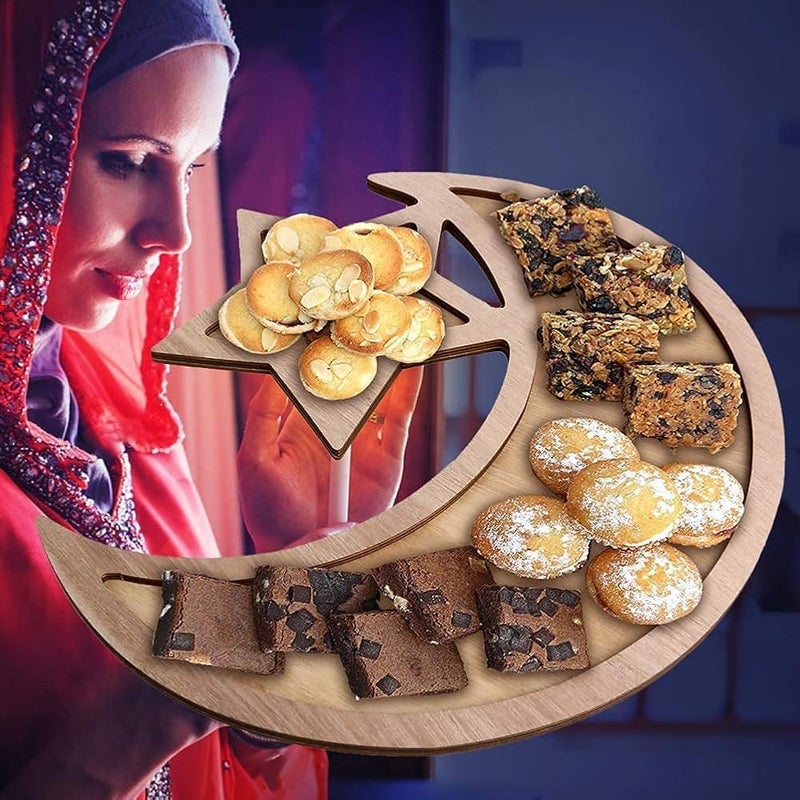BrainGiggles Ramadan Wooden Tray – Elegant Moon-Shaped Eid Dessert & Food Serving Tray for Cakes, Sweets, and Gifts – Wooden Tray for Eid, Weddings, Festivals, and Themed Parties (SET OF 1) - Image 5