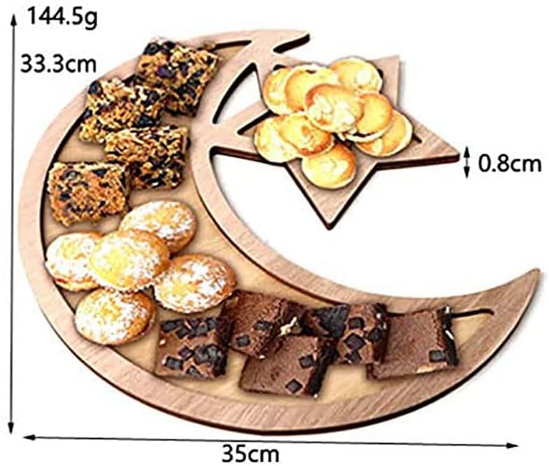 BrainGiggles Ramadan Wooden Tray – Elegant Moon-Shaped Eid Dessert & Food Serving Tray for Cakes, Sweets, and Gifts – Wooden Tray for Eid, Weddings, Festivals, and Themed Parties (SET OF 1) - Image 3