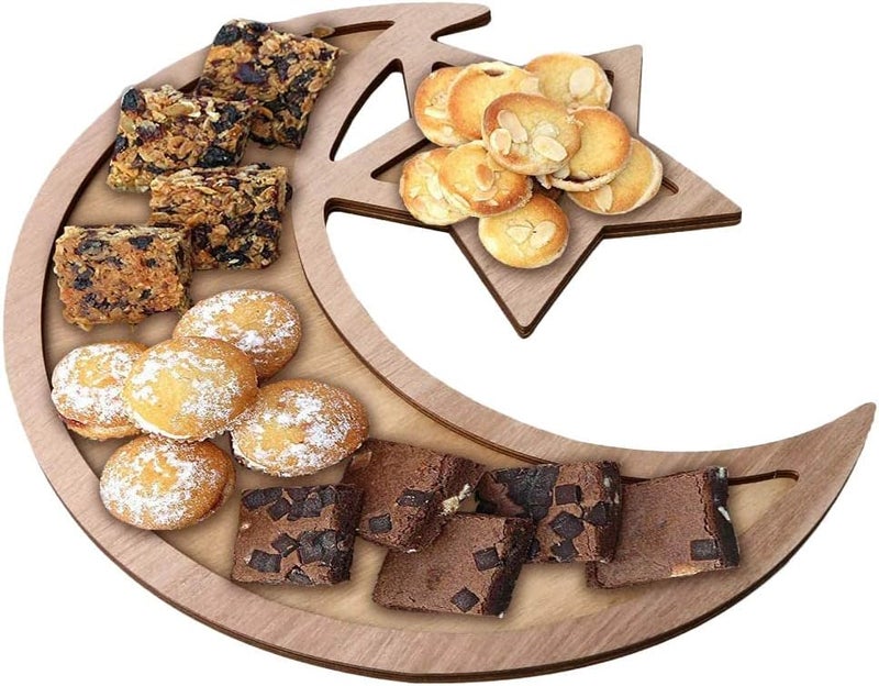 BrainGiggles Ramadan Wooden Tray – Elegant Moon-Shaped Eid Dessert & Food Serving Tray for Cakes, Sweets, and Gifts – Wooden Tray for Eid, Weddings, Festivals, and Themed Parties (SET OF 1) - Image 1