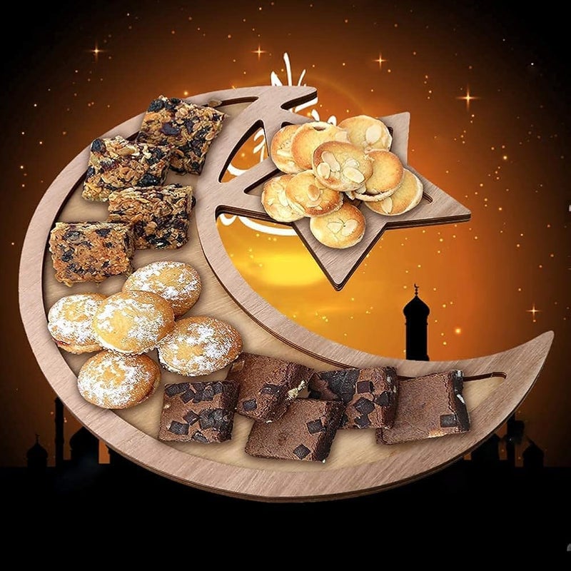 BrainGiggles Ramadan Wooden Tray – Elegant Moon-Shaped Eid Dessert & Food Serving Tray for Cakes, Sweets, and Gifts – Wooden Tray for Eid, Weddings, Festivals, and Themed Parties (SET OF 1) - Image 4