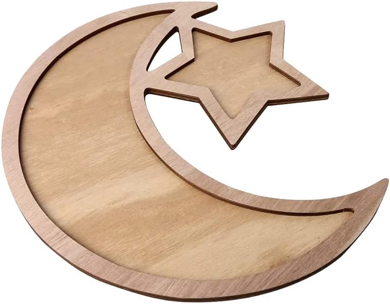 BrainGiggles Ramadan Wooden Tray – Elegant Moon-Shaped Eid Dessert & Food Serving Tray for Cakes, Sweets, and Gifts – Wooden Tray for Eid, Weddings, Festivals, and Themed Parties (SET OF 1) - Image 2
