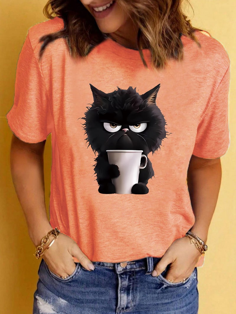 Summer Women'S Cat Cup Pattern Printing Round Neck Short Sleeve Casual Fashion Explosion T-Shirt - Image 4