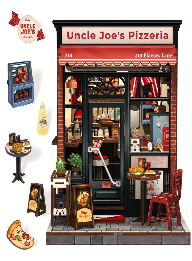 Fsolis Book Nook Kit - DIY Scene Miniature Dollhouse Kit for Adults, Shelf 3D Puzzles 285 pcs, Tiny House Mini Music Shop Model Booknook Craft Bookshelf Decor Gifts for Women (Uncle Joe's Pizzeria) - Image 1