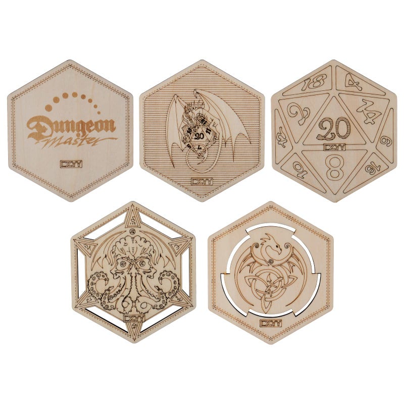 DND Decorative Wood Coasters Cool Unique Table Mug Cup Mats Laser Engraved with Dragon D20 and Cthulhu Set of 5