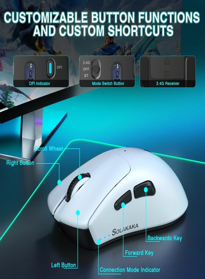 SOLAKAKA ماوس الألعاب اللاسلكي خفيف الوزن SOLAKAKA SM805، بدقة 24000 نقطة في البوصة، اتصال ثلاثي الأوضاع، بلوتوث 5.0/سلكي من النوع C/لاسلكي 2.4 جيجا هرتز، مزود بزرين جانبيين، تصميم هندسي مريح، لون أبيض - Image 4