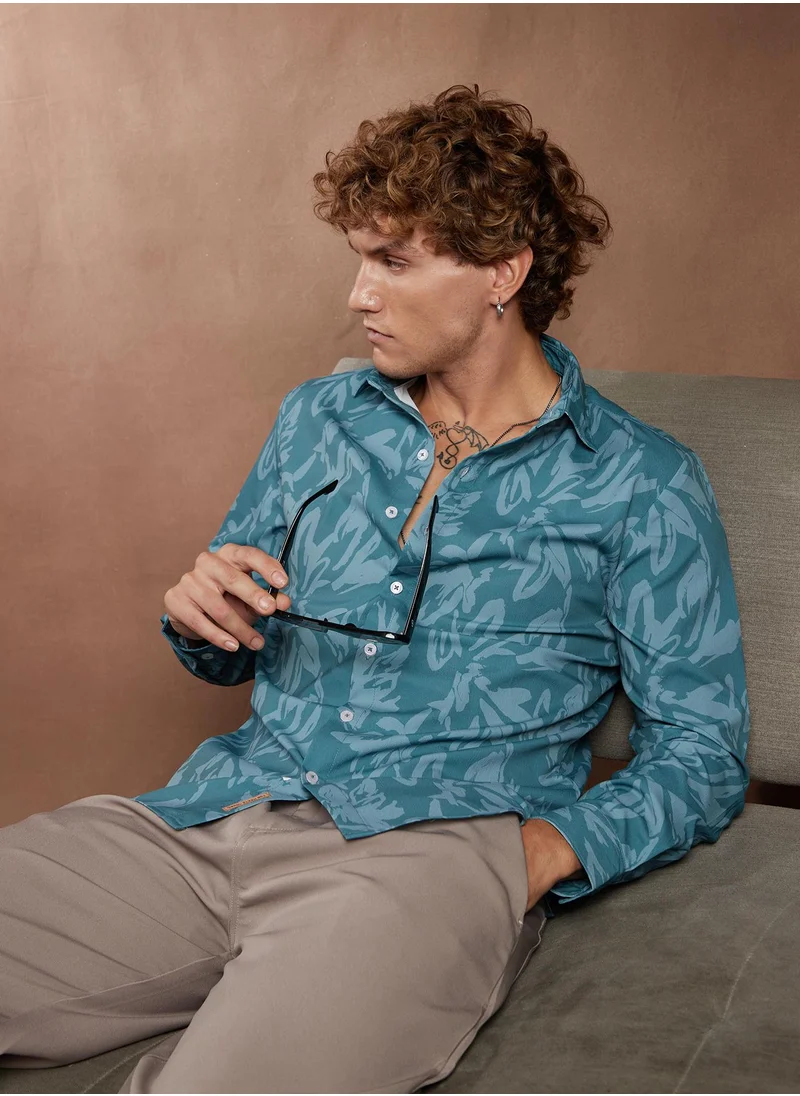 كامبوس سوترا Campus Sutra Men's Sea Green Florique Imprint Shirt For Casual Wear | Spread Collar | Long Cuffed Sleeves | Button Closure | Shirt Crafted With Comfort Fit For Everyday Wear