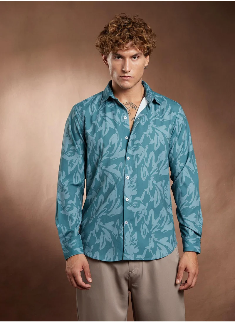 كامبوس سوترا Campus Sutra Men's Sea Green Florique Imprint Shirt For Casual Wear | Spread Collar | Long Cuffed Sleeves | Button Closure | Shirt Crafted With Comfort Fit For Everyday Wear