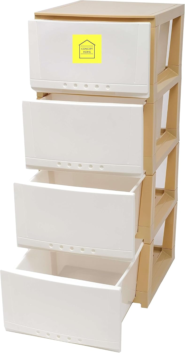 Multi-Purpose Plastic Storage Drawer Cabinet with Modern Design (White/Beige, 4) - Image 2