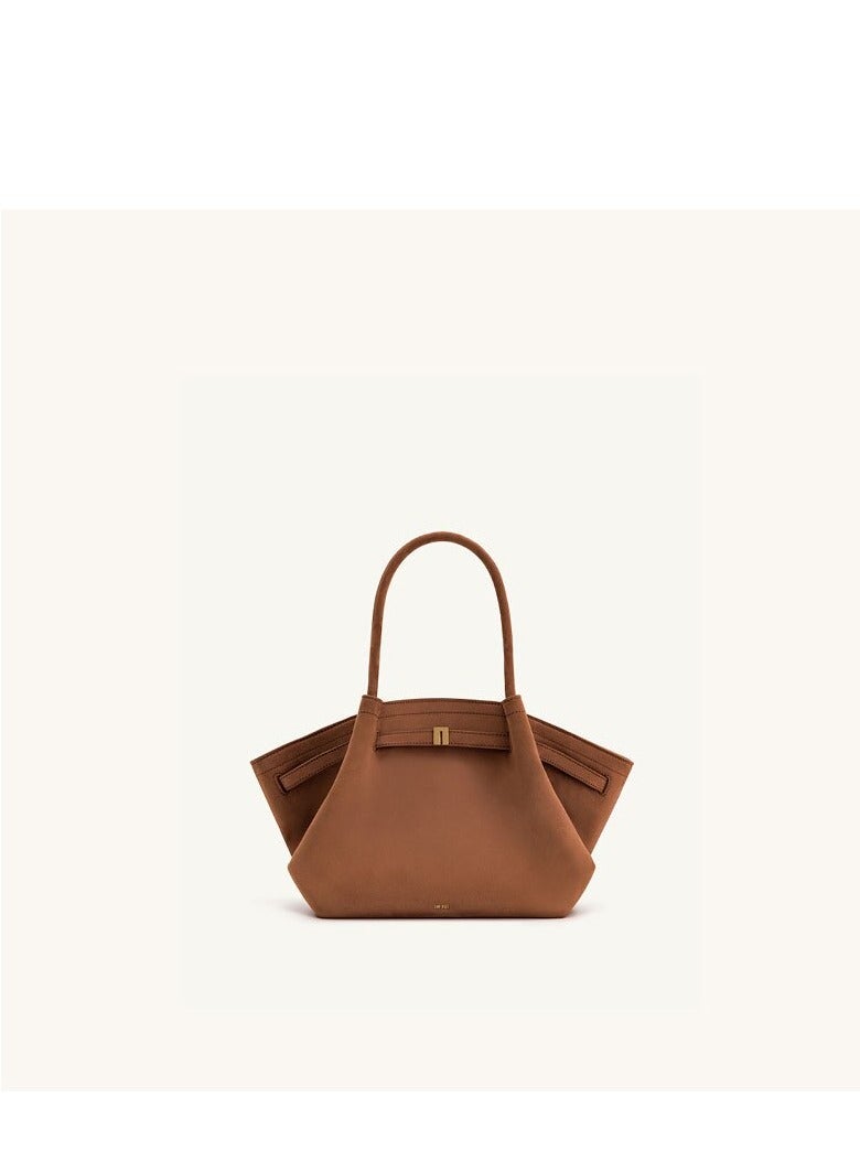 Brown Suede Tote Bag with Gold - Tone Hardware-Large