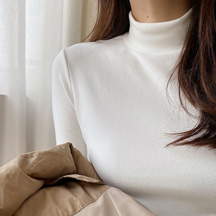 Half-high collar bottoming shirt with velvet inside womens short-sleeved slim foreign-style spring, autumn and winter long-sleeved T-shirt Black - Image 3