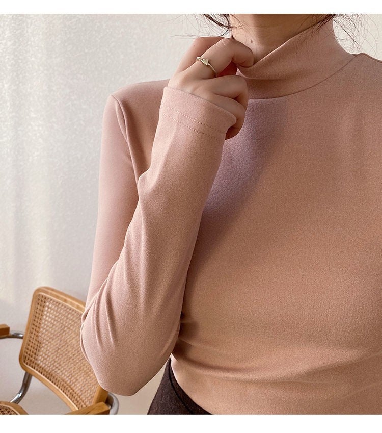 Half-high collar bottoming shirt with velvet inside womens short-sleeved slim foreign-style spring, autumn and winter long-sleeved T-shirt Black - Image 4