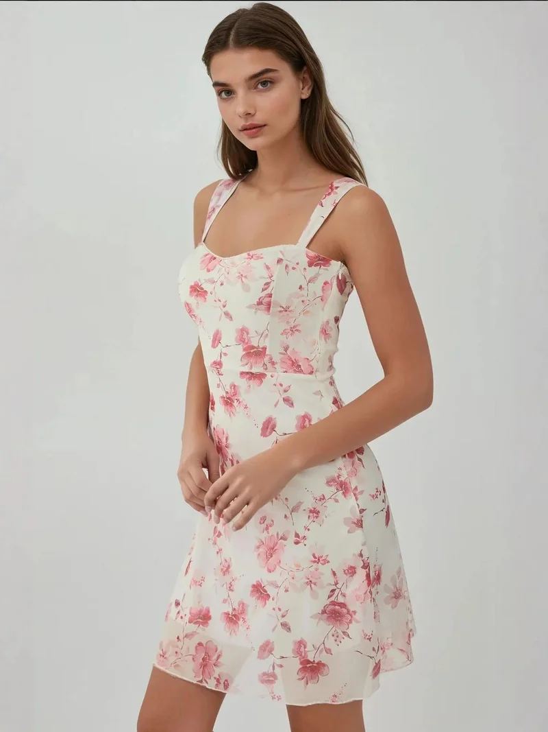 زوبعة فستان تول صغير مطبوع بياقة على شكل قلب