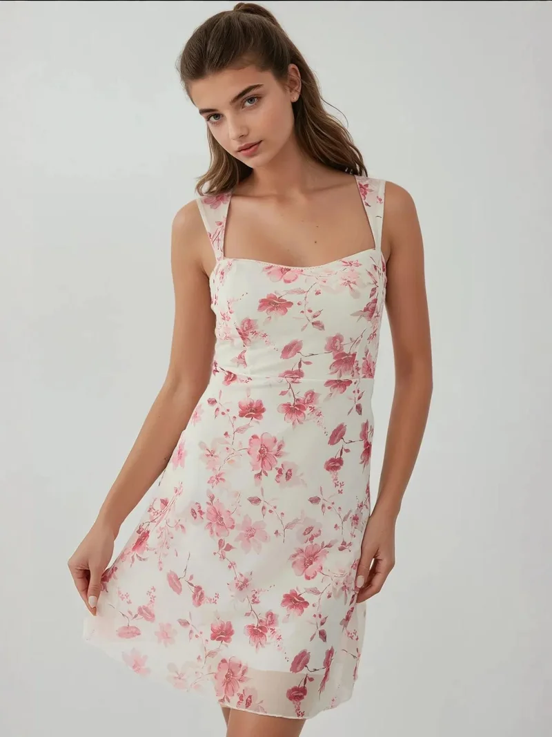 زوبعة فستان تول صغير مطبوع بياقة على شكل قلب