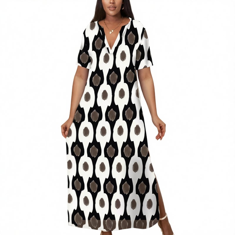 V Neck Long Dress Short Sleeve Printed Summer Casual