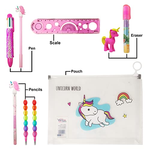 PARTEET Transparent Unicorn Pouch with 1 Pouch, 1 Sequin Pen, 1 Unicorn Pen, 1 Unicorn Pencil, 2 Stack, 1 Unicorn Eraser, 1 Pen Type Eraser, 1 Scale - Image 2