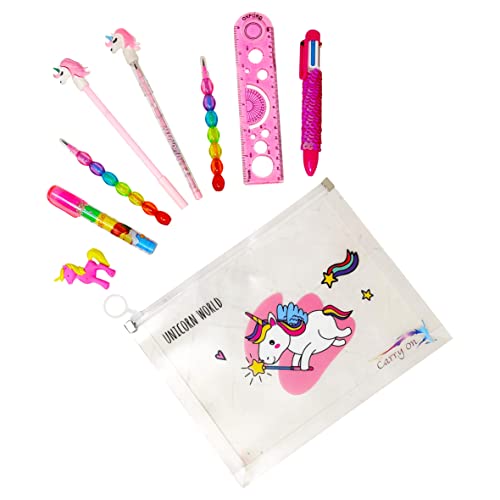 PARTEET Transparent Unicorn Pouch with 1 Pouch, 1 Sequin Pen, 1 Unicorn Pen, 1 Unicorn Pencil, 2 Stack, 1 Unicorn Eraser, 1 Pen Type Eraser, 1 Scale - Image 1