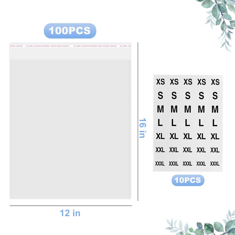Lechay 100 Count T Shirt Bags, Cellophane Bags Clear Poly Bags Plastic Bags For Packing Clothing Self Sealing Bag With10 Pcs Size Stickers (12 * 16) - Image 2