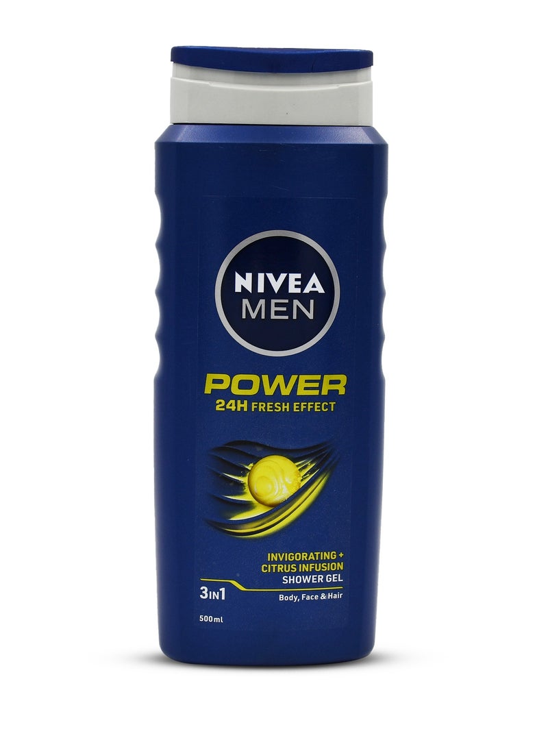 Nivea Nivea MEN 3in1 Shower Gel Body Wash, Power 24h Fresh Effect Citrus Scent, 500ml  - Image 1