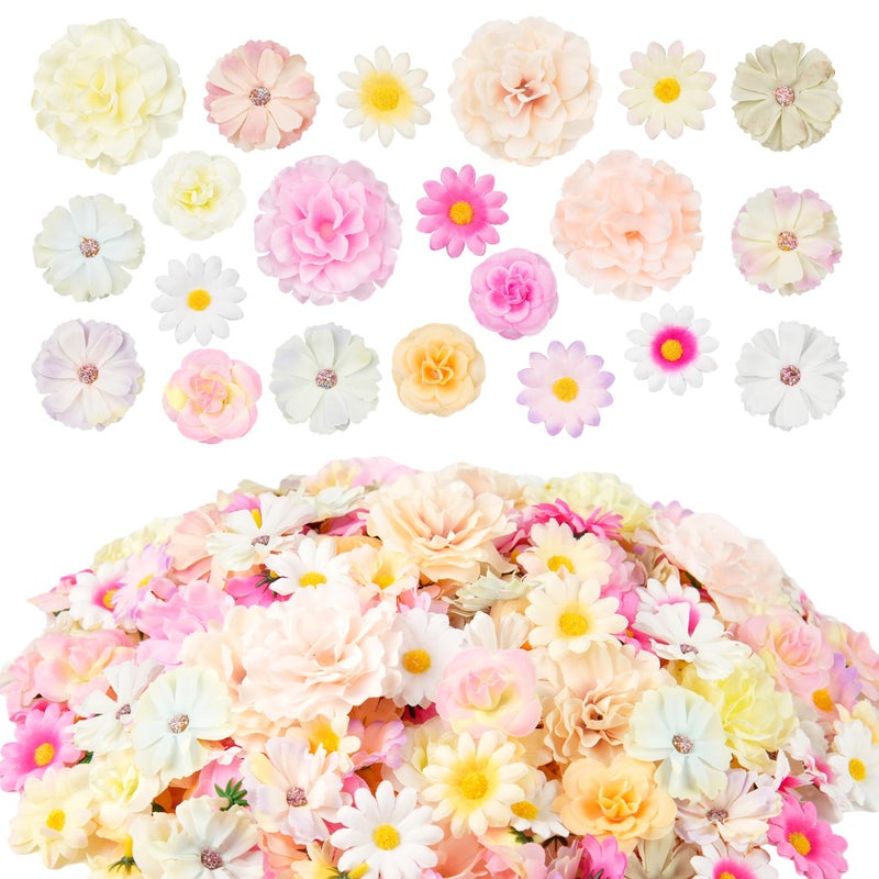 210 Pcs Mini Silk Flower Heads Small Fake Rose Daisy Faux Flowers Bulk for Crafts Artificial Loose Fabric Flowers Heads Sunflower Bulk for Wedding Hair Cap Dresses Decorations Light Colors Mixed