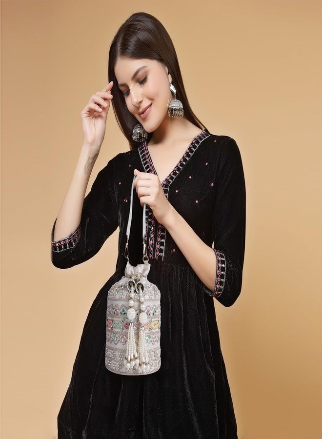 PLANX Velvet SilK Stylish Embroidery Unique Design Trendy Traditional Ethnic Wedding Party Handheld Potli For Women - Image 2