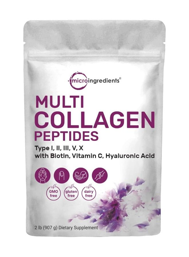 microingredients Multi Collagen Protein Powder 2 Pounds Type I,II,III,V,X with Biotin 10000mcg, Hyaluronic Acid Vitamin C Unflavored Collagen Peptides, Non-GMO