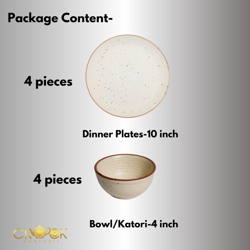 Crock Comforts Ceramic Handcrafted Stoneware Ribbed Cream Matte Dinner Set of 4 8 Pieces4 Bowls 4 PlatesSize 10 InchesDishwasher Microwave SafeCCW4B4 - Image 2