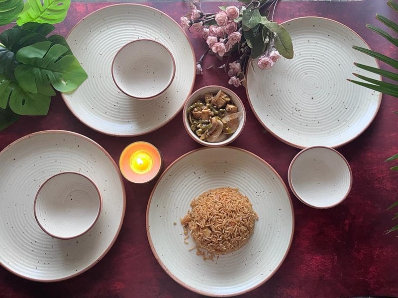 Crock Comforts Ceramic Handcrafted Stoneware Ribbed Cream Matte Dinner Set of 4 8 Pieces4 Bowls 4 PlatesSize 10 InchesDishwasher Microwave SafeCCW4B4 - Image 1