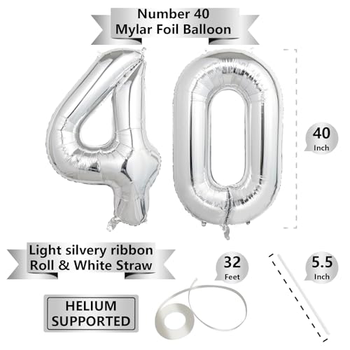 SINBEE 40 Inch Silver 40 Number Balloons Giant Jumbo Helium Mylar Foil Silver Number Balloons for Birthday Silver Mylar Digital Balloons for 40th Birthday Anniversary Party Decorations Supplies - Image 5